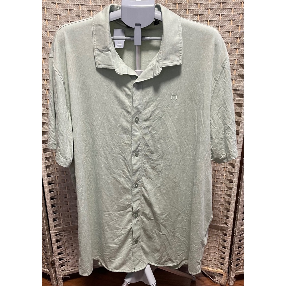 TravisMathew Mens XXXL Sage Green Geometric Print Short Sleeve Button Down Shirt